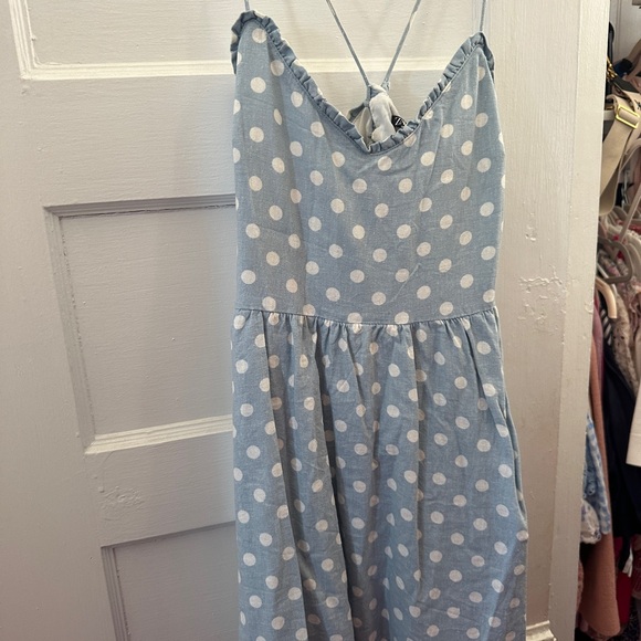 ZARA LINEN BLEND BLUE AND WHITE POLKA DOT DRESS - Picture 2 of 4